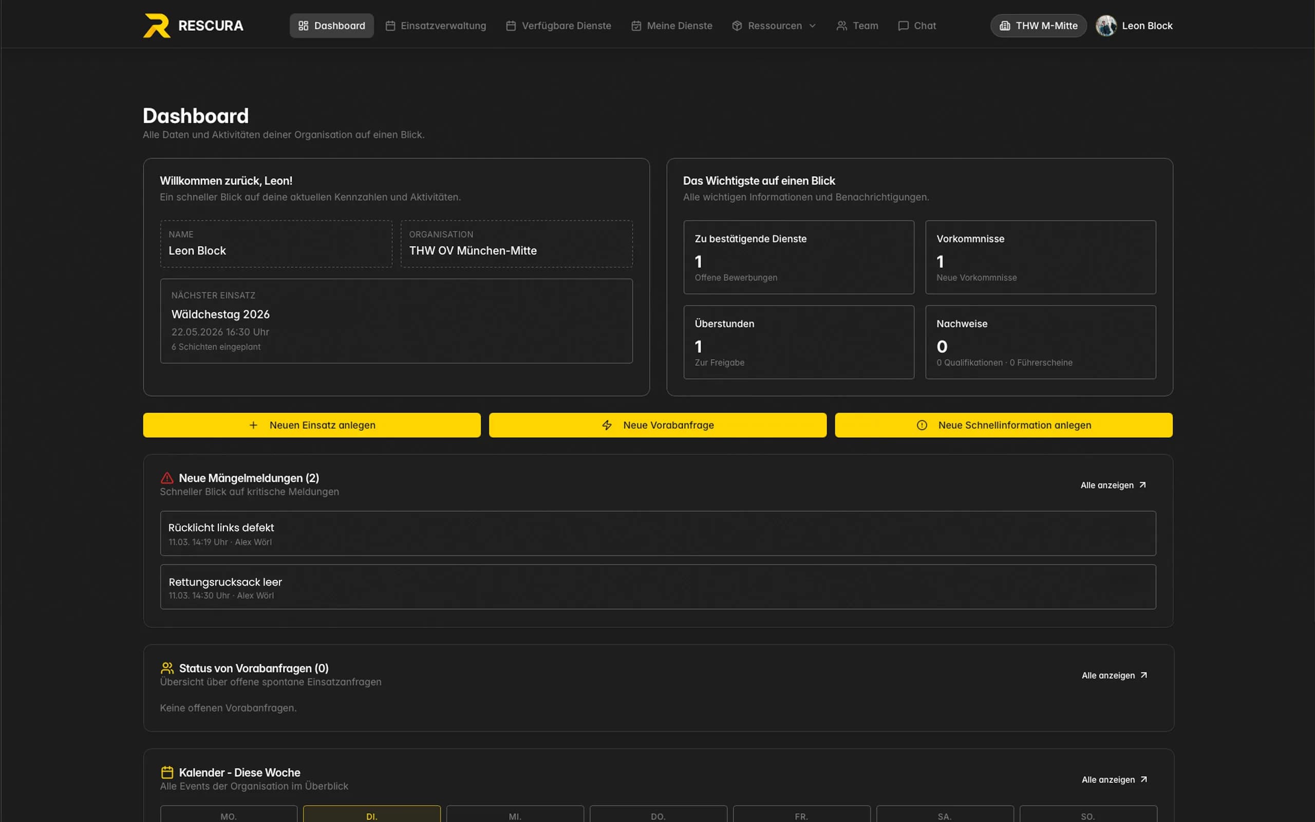Rescura Dashboard Übersicht